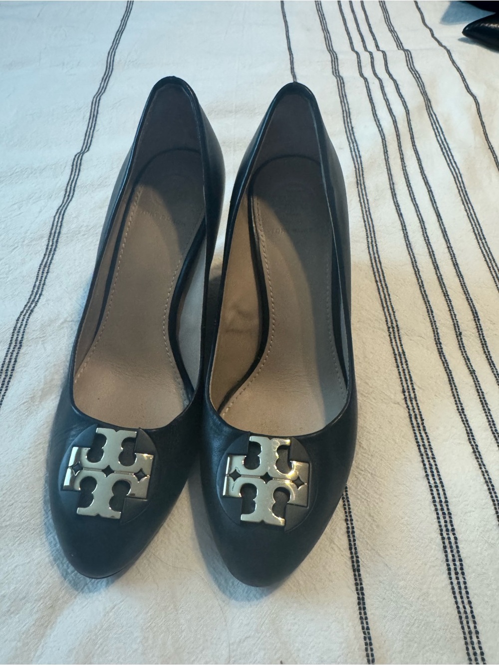 Tory Burch Black Leather Logo Ballet Flats with Gold Emblem
